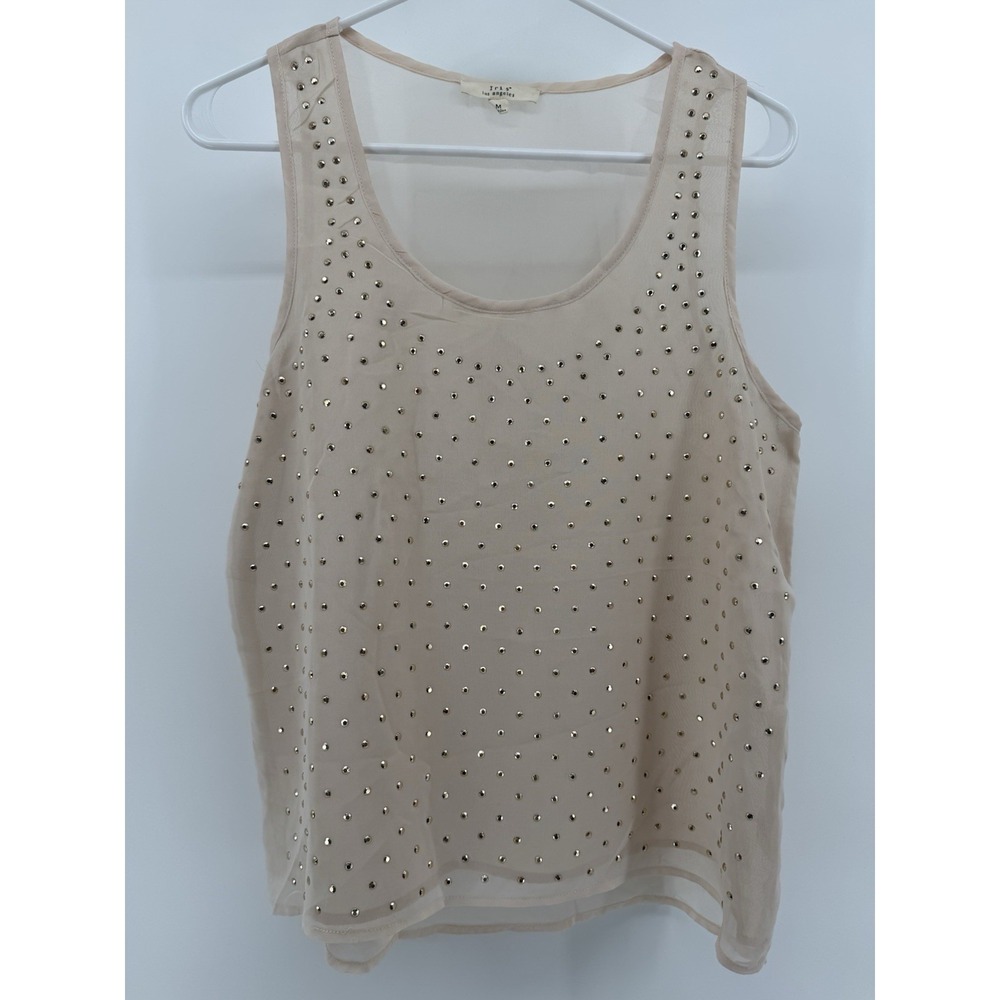 Iris Los Angeles Women's Tan Sheer Tank Top Beaded‎ Polka Dot Size Medium